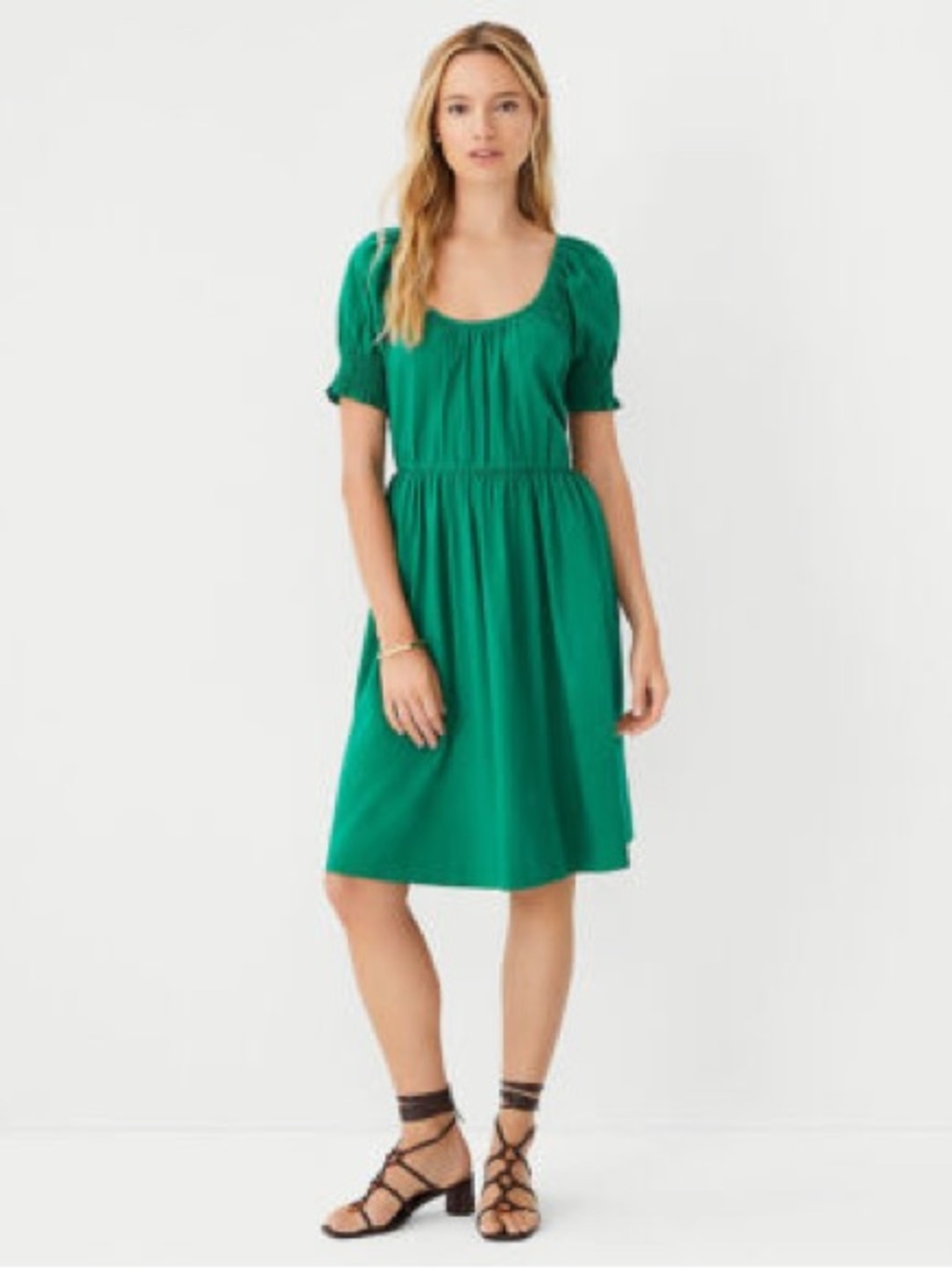 ANN TAYLOR-Green smocked flare dress-NWT